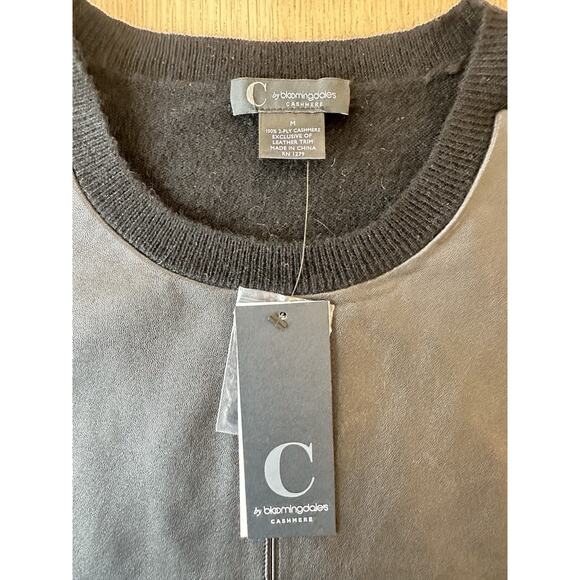 NWT Bloomingdales 100% cashmere Leather front crewneck sweater Size Medium - Picture 3 of 7